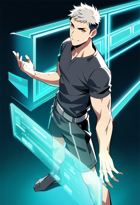 cartoon art style, adult, no shoes on, ((masterpiece)), ((best quality)), ((ultra-detailed)), score_9_up, score_8_up, score_7_up, HD, top quality, best quality, High-quality illustrations, anime screencap, masterpiece, best quality, amazing quality, (Cartoony), thick outlines, 1boy, BREAK man male guy, platinum hair, very short hair, messy hair, curly hair, dark side fade hair, dark side cut hair, robotic orange eyes, holographic eyes, defined chin, chiseled face, athletic slim body, light skin tone, black shorts, plain silver shirt, standing, BREAK simple blank background