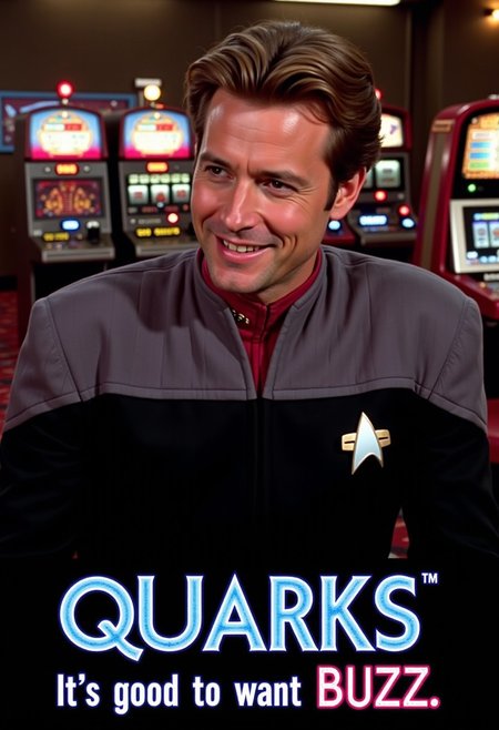 A movie poster for a space casino. A handsome smiling male science officer wears a black DS9 uniform with gray shoulders and red collar. He looks down onto a room filled with slot machines and dabo tables. 
The movie title in bold letters: "Quarks"
A the bottom of the image a banner text is displayed in bold futuristic letters: "It's good to want BUZZ."