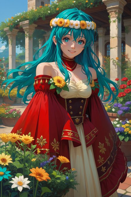 score_9, score_8_up, score_7_up, score_6_up, source_anime, 1girl, solo  <lora:valeirika-pdxl-nvwls-v1-000005:1> valEir, cyan hair, long hair, hair between eyes, head wreath, red dress, red ballgown, detached collar, bare shoulders, full body, looking at you, garden, flowers, smile