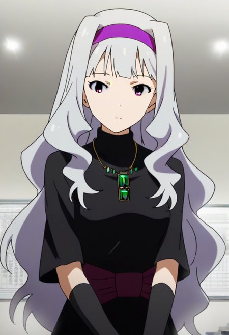 source_anime, uncensored, nsfw, <lora:Takane_Shijou_The_iDOLMSTER_2011_anime_art_style:.8>1girl, solo, grey hair, long hair, purple eyes, breasts, Takane black dress with green brooch outfit , purple hairband, jewelry, necklace, pendant, dress,