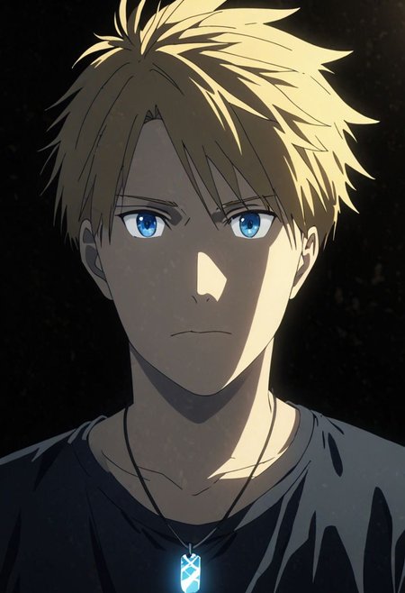 high resolution, professional photography, best quality, 1Boy, Yamato Ishida, blond hair, deep blue eyes, necklace, cool, Mysterious black background, Movie lighting, a sense of atmosphere, OverallDetail
