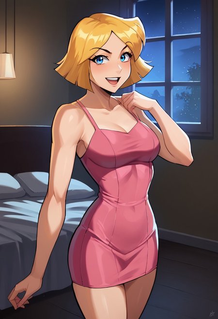 score_9, score_8_up, score_7_up, BREAK source_anime,1girl, clover \(totally spies\), blonde hair, short hair, blue eyes,  looking at viewer, bare shoulders, medium breast, open mouth,<lora:brj-clover-ponyXL-v0.6:1>, a short pink bodycon dress, a pink spaghetti strap dress, sexy pose, smile, flirting, indoors, standing up, living room, night, window lighting, high res image, masterpiece, window lighting, 43stl1ght1ng, low light, dramatic lighting, cowboy shot, perfect eyes, perfect body