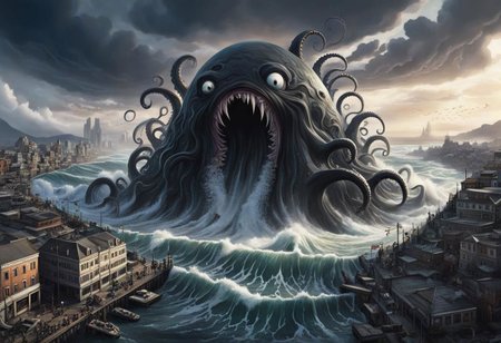 A giant black tidal wave with tentacle, many mouths, and many different eyes of all shapes and sizes, engulfs an entire city.