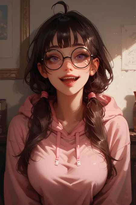 1girl, solo, glasses, brown hair, smile, hoodie, purple eyes, looking at viewer, ahoge, open mouth, hood, round eyewear, twintails, long hair, breasts, upper body, :d, black-framed eyewear, low twintails, large breasts, teeth, upper teeth only, long sleeves, pink hoodie, hood down, indoors,, zPDXL3, detailxl,  Score_PnyReal, (lineless:1.5)