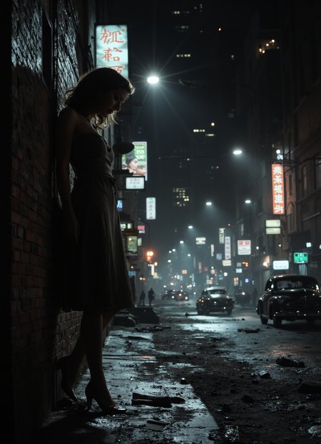 film noir style A stunningly detailed depiction of a 1940s noir scene with heavy shadows and sharp light contrasts, capturing the essence of mystery and grit. A woman in an elegant 1940s cocktail dress leans against a worn brick wall, her pose exuding sophistication amidst the urban decay. The setting is a bustling city street at night, illuminated by bright period-accurate neon signs and skyscrapers reflecting the vibrant nightlife. Vintage cars line the dirty street, adding to the retro charm. The color palette is muted monochrome with subtle sepia undertones, enhancing the noir aesthetic. Every detail, from the woman's polished high heels to the textures of the brick wall and vintage automobile, is rendered with cinematic realism. The scene is bathed in a high dynamic range, showcasing depth and contrast, with a 4k resolution that brings every element to life. This composition combines the allure of classic cinema with the gritty atmosphere of a bygone era, creating a timeless visual masterpiece. . monochrome, high contrast, dramatic shadows, 1940s style, mysterious, cinematic