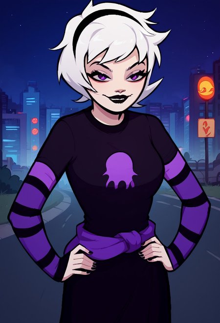 score_9, score_8_up, score_7_up, score_6_up, Srolalmw, white hair, short hair, bob cut, hairband, purple eyes, black lips, elbow gloves, striped. black dress, shirt sign, purple bow around waist, looking to the viewer, sidelong glance, happy, walking, outdoors, city, night, standing, smirk, hands on hips, tired, messy hair, homestuck, female, upper body,