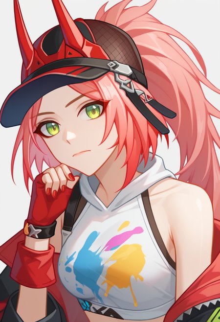 score_9,score_8_up,score_7_up,<lora:rappa:1>,rappa_(honkai:_star_rail),1girl,red_gloves,white_shirt,looking_at_viewer,baseball_cap,shoulder_cutout,paint_splatter,nail_polish,bare_shoulders,hood,solo,official_alternate_costume,upper_body,fingerless_gloves,jacket,closed_mouth,