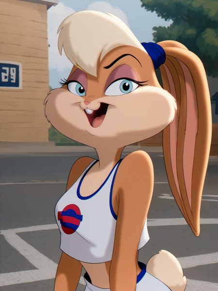 lolabunny, 1girl, solo, furry female, rabbit ears, rabbit girl, animal nose, crop top, sleeveless,white shorts, buck teeth,upper body,smile,open mouth,  blue eyes, body fur, standing, tail ,looking at viewer, outdoors, score_9, score_8_up, score_7_up, score_6_up, score_5_up, score_4_up <lora:LolaBunnyPony1.1:0.85>