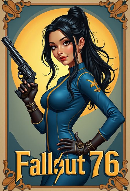 Imagine an Action Hero movie poster for a science fiction movie with art deco framing. Written across across the lower third of the poster in bold, block font are the words "Fallout 76".  The Hero a asian woman with hazel eyes an long black hair with a bun holding a revolver steampunk, wearing a one-piece blue fallout 76 suit, in an action pose hero landing. xia, ArsMJStyle, Rococo Steampunk, detailmaximizer, vintage speedpaint, ossttn,