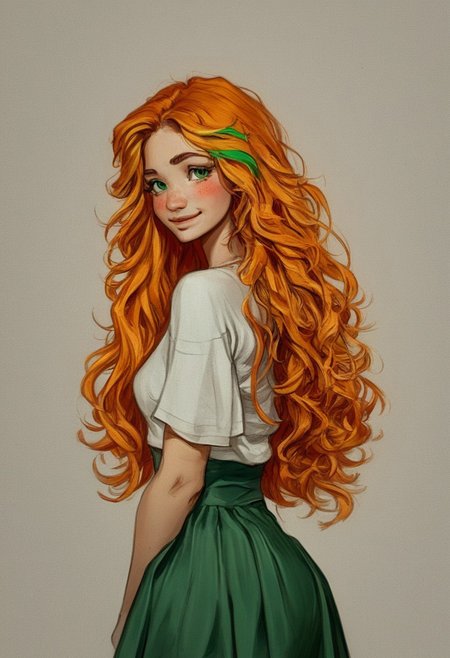 score_9, score_8_up, score_7_up, score_6_up, source_anime, 1girl, cutest girl in the world, orange hair, blond hair highlights, long hair, wavy hair, green eyes, freckles, white shirt, dark green loose skirt, sexy eyes, inviting, naughty smile, suggestive, alluring, cute, big eyes, looking back, looking a viewer, from behind, blushing, curvy, large natural tits, smirk, portrait, detailed drawing, partially illuminated, wide hips, narrow waist, s1_dram,