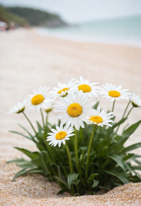 Bavarian ([Daisy:Daisies:2]:1.2) , Ceramic and Groovy, Rule of Thirds, Geeky beach, Hazy conditions, soft focus, Suffering, hard light, 50mm, professional, (sfw:1.1) <lora:picxer_real:0.8>