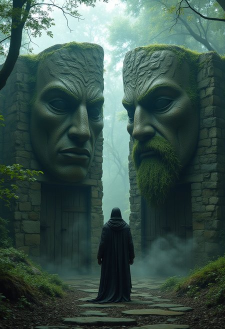 Score_9,Score_8,Score_7, Narnia, mysticism, fantasy, HD, ultra detailed, high resolution, foggy, an eerie place, in a forest two separate doors with above them two separate stone faces, one face evil the other good, one face has a moss beard, crazy look, stone faces have moss on them, fog a warrior stands before them,