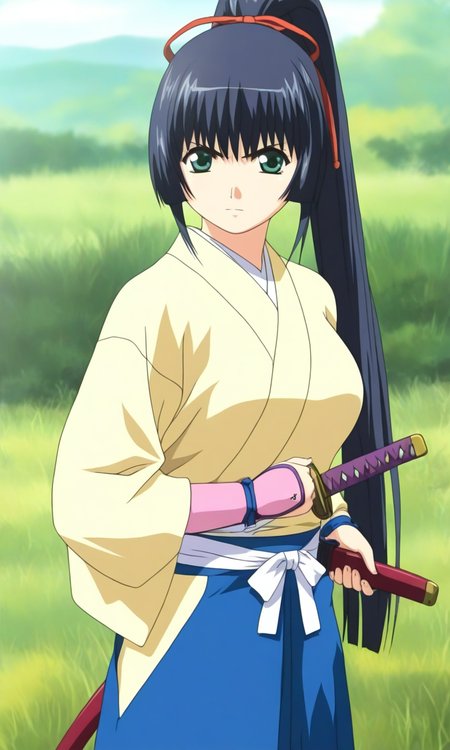 general,highres, ultra-detailed,very aesthetic,best quality ,best hands, BREAK <lora:Kurama-hime_Hininden_Gausu_IS:1>
Kurama-hime(Gausu), 1girl, solo, long hair, ponytail, sidelocks, bangs, blue black hair, hair ribbon, red ribbon, green eyes, medium breasts,
weapon, sword, ribbon, upper body, nature, katana, sheath
japanese clothes, pink arm protector, Yellow kimono, long sleeves, hakama skirt, blue hakama, white sash,
serious,looking at viewer, cowboy_Shot,
natural, grass, day, outdoor,