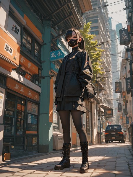 score_9, score_8_up, score_7_up, PDXL, <lora:sc3n3ryXLP:0.5>, <lora:TechwearV1:0.75> , techwear, dark clothing, full body, 
1girl, japanese, cute face, detailed eyes, long black hair in a ponytail, black facemask, knee high black boots, standing in the middle of a city