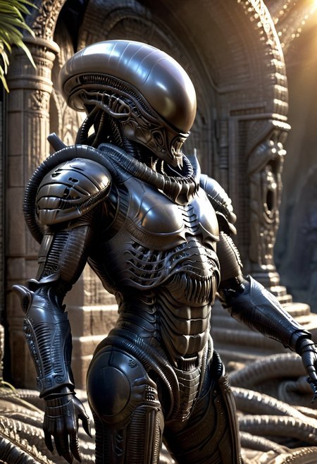A xenomorph hunter, monster, Ornamental armor, armor, Ornamental chestplate with silver ancient alien runs, (fantasy scenery:1.3), intricate details, highly detailed, high resolution, HDR, realistic, dusty sunlight, ray_tracing, sun_flare, cinematic, perfect lighting, (vivid colors:1.3, color full:1.3), ultra detailed 8k cg, (best quality), (masterpiece:1.4), bokeh, depth of field, photorealistic, caustics, perfect shading,(hyperrealistic 3d render),art by hr giger,