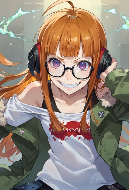 score_9, score_7_up, source_anime, BREAK  <lora:Taiki Dendro:0.9> taiki, art, solo, <lora:zs_FutabaXL:1> futabadef, orange hair, long hair, blunt bangs, glasses, ahoge, purple eyes, behind-the-head headphones, white shirt, green fur-trimmed jacket, off shoulder jacket, black shorts, black thighhighs, black knee boots, facing viewer, grin,