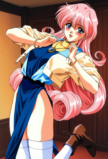 rurubell (megami paradise), rurubell, megami paradise, pink_long_hair, blue eyes,
jewelry, bracelet, necklace, (beige_short_sleeve), pendant, blue_dress, blue pelvic curtain, zettai ryouiki, white thighhighs, brown footwear, boots,
1990s (style), retro artstyle, 
yoshizane akihiro
 <lora:rurubell (megami paradise)_Illustrious-XL_2.0-v1:1>, masterpiece,best quality,amazing quality, 1girl, solo, standing, (dynamic pose) , blush,open mouth,light smile, 
looking at viewer,(upper body, close-up),cowboy shot, upper body, 
(indoors, )