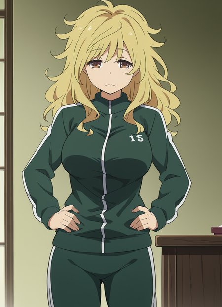 <lora:Yasuko_Takasu-Toradora:0.9>,mm,mature female,1girl,solo,long hair,blonde hair,brown eyes,large breasts,track suit, track jacket, track pants, sleepy,messy hair, looking at viewer, indoors,hands on own hips,