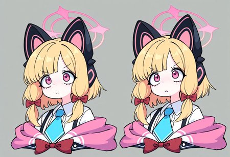dryamero, momoi (blue archive), pink eyes, pink halo, blonde hair, animal ears, fake animal ears, animal ear headphones, headphones, short hair, bow, halo, cat ear headphones, hair bow