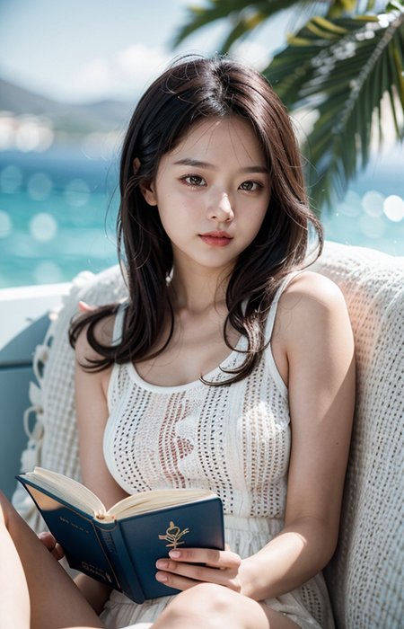 cinematic photo A wonderful life, a relaxed atmosphere,Aegean Sea,sunny,a woman in love,reading books 
<lora:Better_Pose:1>  <lora:fluxenhancer:1> <lora:sparklycism:1>, <lora:Tangbohu_real_style_FLUX_type_A:1>, 35mm photograph, film, (bokeh:1.3), professional, 4k, highly detailed