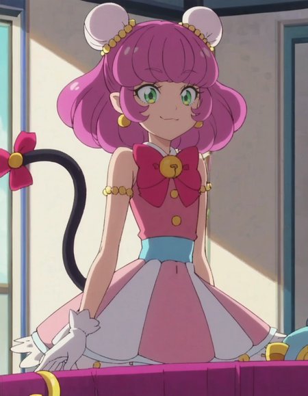 score_9, score_8_up, score_7_up, anime screencap, solo,1girl,mao,   smile, white gloves, pink dress, striped skirt,jewelry, earrings, bow,  sleeveless, bun cover, black cat tail, tail ornament,<lora:mao:0.8>