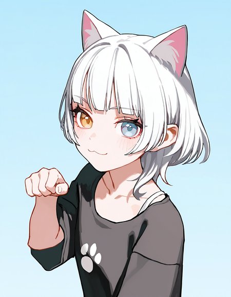<lora:MyGo_IlluXL:1>, 1girl, solo, kaname raana, heterochromia, white hair, black shirt, paw pose, :3, cat ears, looking at viewer, upper body, gradient background, light blue background, paw print,, best quality,masterpiece,highres,[[tianliang_duohe_fangdongye,ningen_mame,ciloranko]], (fkey:0.6), (sushineko8:0.3),