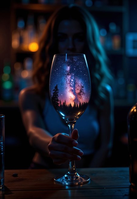 aidmaHyperrealism, aidmaimageupgrader, they glow at night, a high quality digital image of a highly detailed dank old bar, the bar is dark and grimy with lots of shadows, we see a woman mostly hidden by shadow holding up a wine glass for inspection,  the glass contains an intricately detailed galaxy, within the galaxy we see a variety of stars, nebulae and galactic dust detailed in bright and vivid colours
