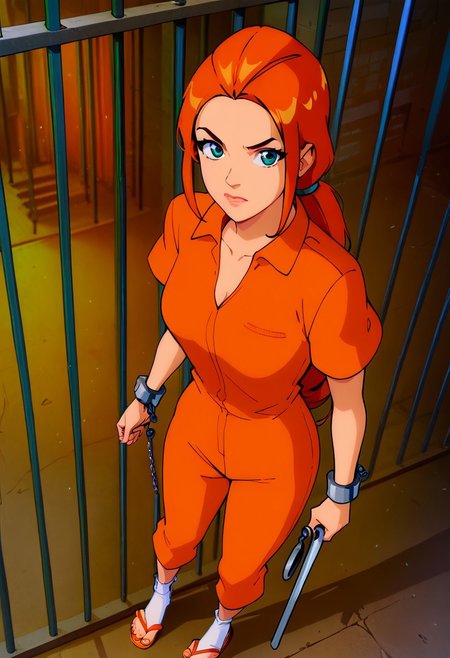Score_9, score_8_up, score_7_up, anime style, ultra detailed, prison cell background, Excellent quality, high resolution, cowboy shot,, 1woman, solo, neutral expression, tssam, long hair, orange hair, low ponytail, blue eyes, short sleeves, orange jumpsuit, thin orange pants, slight cleavage, in a prison courtyard, matted hair, orange flip flops, white socks, ankle cuffs, standing,  Clinging on prison bars, holding onto prison bars, behind bars, amazing shading, view from slightly above, closeup, looking at viewer