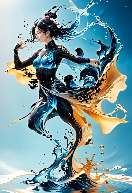 (masterpiece), (best quality), (masterpiece:1.5), The image depicts a 25 year old hot beautiful woman samurai crafted with intricate details resembling tight tattered samurai armor with huge breasts. The samurai is adorned with elegant Winx-like wings that glisten in the sunlight, adding a fantastical element to the scene. The waves of the sea serve as the backdrop, their dynamic and fluid nature enhancing the overall sense of movement and power in the composition <lora:AbSynth:0.75> absynth, fluid dynamics, liquid physics <lora:EnvyInkSwirlXL01:0.55> swirling ink <lora:eastern_dragon_xl_v1:0.55> eastern dragon <lora:xl-shanbailing-1011-2water:0.55> water element, water <lora:LiquidCloud_æ¶²æµäº_SDXL_V1:0.55> <lora:MJ52:0.45> <lora:MJ52_v2.0:0.65>, masterful composition, dynamic volumetric lighting, ray_tracing, reflection,