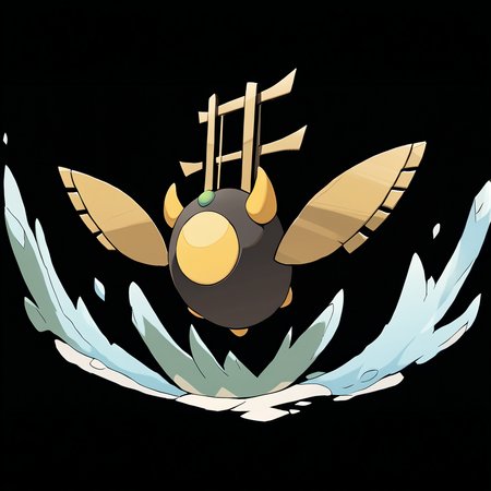 <lora:pokemon_pony_xl:1>, watercolor creature art like pokemon, Type: Fire, Type: Ice, Egg Group: Water 2, is a pokemon creature that The creature's sigh releases a White mist that can cause plants around it to bloom out of season,Its yawn creates a Bronze ripple in the air a visible sign of its deep connection to the Flying forces,The animal's antlers are adorned with Bronze orbs that store magical energy,A tail that sways like a pendulum, keeping the rhythm of time and the balance of the world,The Bronze shadows that play at its feet are not dark but light, a dance of the sun's rays through the leaves, a play of life and movement score_9, score_8_up, score_7_up, score_6_up, score_5_up, score_4_up.  Simple black background, (Masterpiece:1.3) (best quality:1.2) (high quality:1.1)