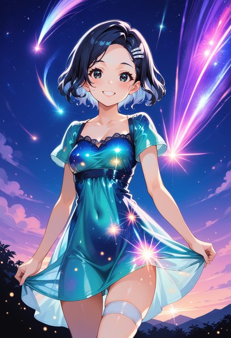 (score_9, score_8_up, score_7_up, masterpiece,source_anime, best quality, perfect anatomy, very aesthetic, ((outlined outlined vector graphics)), source_anime,
1girl,20yo, black hair, black eyes, short bob hair, hair pin,small breast, slender,(white thigh strap:1.1),(black clohtes:1.1),,outdoors,  blush, cowboy shot, galaxy, gradient sky, glittering, glimmering, glowing , aetherical, looking at viewer, milky way,starry night, night, night sky, shooting star, sky, skyline, smile, solo, star \(sky\), star \(symbol\), starry background, starry sky, starry sky print,starrynightdress, starry night dress,aqua  dress,,( short sleeve dress:1.2),  
<lora:starry-night-dress-01:1.3>