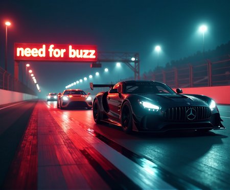 Automotive advertisement style cinematic photo race cars on track racing,  reflection,night,side of the race track have bilboard it says with big letters exactly  "need for buzz"
. 35mm photograph, film, bokeh, professional, 4k, highly detailed . Sleek, dynamic, professional, commercial, vehicle-focused, high-resolution, highly detailed