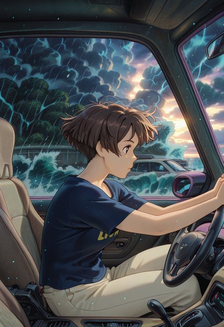 1girl, solo, masterpiece, best quality, newest, absurdres, CG, anime, source anime, illustration, very aesthetic, high resolution, ultra-detailed, newest, scenery, medium depth of field, rule of thirds, masterpiece-level, clean lines, sharp, focused subject 
BREAK 1girl, solo, mm,mature female,brown hair,short hair,brown eyes,anime coloring
shirt,pants,
dynamic posing, dr1v3, car interior, steering wheel, driving, sitting
indoors, inside car, storm background, huge waves, tsunami, cloudy
cinematic angle, various angles, detailed background, beautiful background, (rays light:1.0),(grow:1.0), light particles