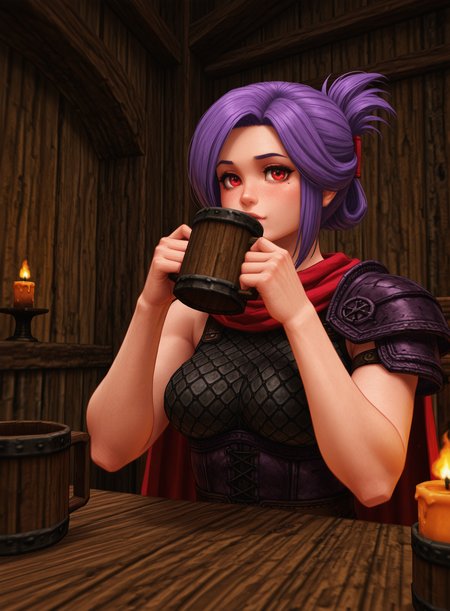 kingpin, realistic, masterpiece, best quality, amazing quality, very aesthetic, absurdres, sfw, n0m0, digital art, (sabia:1.2), (sitting:1.2), (drinking:1.2), (tankard:1.2), tavern, wooden_table, fantasy_interior, warm_lighting, cozy_atmosphere, solo, 1girl, close-up shot, view from aside, relaxed_pose, purple_hair, folded_ponytail, red_eyes, cape, armor, single_shoulder_armor, single_bare_shoulder, clothed, large_breasts, human, looking_at_viewer, closed_mouth, omar_dogan, wooden_mug, rustic_setting, candlelight,  <lora:Kingpin_-_Life_of_Crime_Style_E17_DIM16_ILXL_V1.2:1>.  <lora:dmd2_sdxl_4step_lora:1>, <lora:KOD_dtv5r__for_Illustrious_v0.1__Adafactor:0.35>