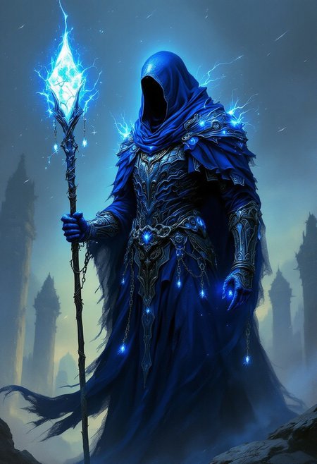 A graffitipunk digital shot of a silent, towering figure in an intricate twilight robe of indigo and silver. Their helmet radiates an eerie, cold light, illuminating their hollow, visorless gaze. In one hand, they wield a staff tipped with a fragment of broken starlight, humming with unseen energy. Ethereal chains spiral from their armor, shackling glowing symbols of lost souls. This Voidkeeper watches over the line between worlds, neither fully of life nor of death. Shadows coil around them like whispering spirits, merging into the dimming sky beyond. The background blurs into haunting twilight ruins, relics of worlds swallowed by the void.