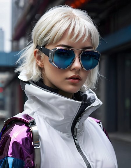 concept art 1girl, parted lips, realistic, sunglasses, glasses, blue eyes, digital media \(artwork\), white hair, zipper, short hair, portrait, nose, looking at viewer, hood, jacket, futuristic glasses, sharp focus, highly detailed, cinematic, candid, romantic, intricate, elegant, generous, pretty, attractive, beautiful, dramatic, thought, extremely
 <lora:FuturisticGlassesXL:.75>, , <lora:FILM_PHOTOGRAPHY_STYLE:0.25> . digital artwork, illustrative, painterly, matte painting, highly detailed