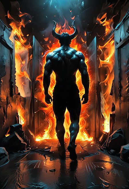fullbody, full body, back view, <lora:Super perspective and fight stance:0.8>, ((super low perspective)), low perspective, ((fisheye)), dark atmosphere, dark shadow, deep shadow, shadow, aura, Super perspective,fisheye, wide shot, foreshorten, vague, lighting stance,
Man with demon horns in black shorts walking away from the long dark office corridor, Adult, Mesomorph Muscular body, short Muscular neck, Rectangle faces, broad Muscular shoulders, Muscular fitness arms,  black short combed back hair,  Angular jawline,  Designer Stubble black whiskers, triangular black hair beard, Muscular fitness ass,  Athletic thighs, Muscular fitness legs,  big muscles,  dark black skin,
burning walls, fire on the walls,
<lora:Camera Perspectives (507):1>,  from below, foreshortening, perspective,
graphic style of novel comics, perfect hands, 2d,
8k, hyperrealism, masterpiece, high resolution, best quality, ultra-detailed, super realistic, Hyperrealistic art, high-quality, ultra high res, highest detailed, lot of details, Extremely high-resolution details, incredibly lifelike, colourful, soft cinematic light,