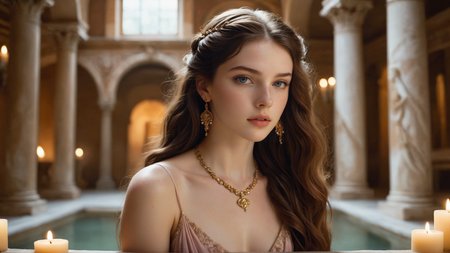 A young woman with long, styled hair stands in an elegant setting inspired by an ancient roman bathhouse. She wears a delicate gown adorned with a subtle floral color scheme, with soft shades of pink, lavender, and cream blending seamlessly into the fabric. Elegant jewelry, including a delicate necklace and earrings, adds a touch of refinement. Her hands gracefully play with her hair, adding a soft, feminine touch to her demeanor.
The background is rich with architectural details typical of a grand roman bathhouse, including marble floors, intricate columns, painted walls, and fountains. The room is dimly lit by the warm glow of candles, which cast dramatic shadows across the space, enhancing the mysterious atmosphere. Soft rose petals gently fall around her, adding a romantic and slightly melancholic touch to the scene. The overall mood is one of ethereal beauty, mystery, and romance.  (luc14nn4, freckles on her nose, long hair, brown hair, expressive blue eyes, soft pale skin.), 35mm photograph, film, professional, 4k, highly detailed dynamic lighting, photorealistic, 8k, raw, rich, intricate details.