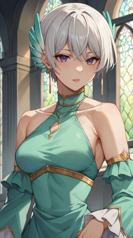 score_9,score_8_up,score_7_up,score_6_up, source_anime, zPDXL, <lora:xl_more_art-full_v1:0.5>, woman, dynamic pose, getting dressed,  <lora:Lily Front Gritonia - Pony-000004:0.8>, short hair, white hair, purple eyes, head wings, teal dress, halterneck, castle interior, detached sleeves,