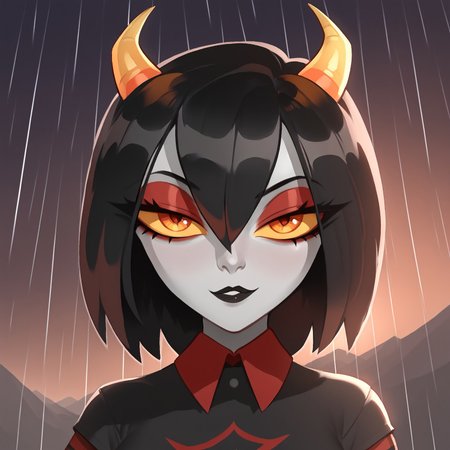 OverallDetail, BREAK, Niikou, Black hair, short hair, hair between eyes, horns, colored skin, grey skin, colored sclera, orange sclera, black lipstick, red eyeshadow, BREAK, black shirt, striped sleeves, collared shirt, red symbol, headshot, portrait, dark background, rainy, forest, monochrome background, warm lighting,