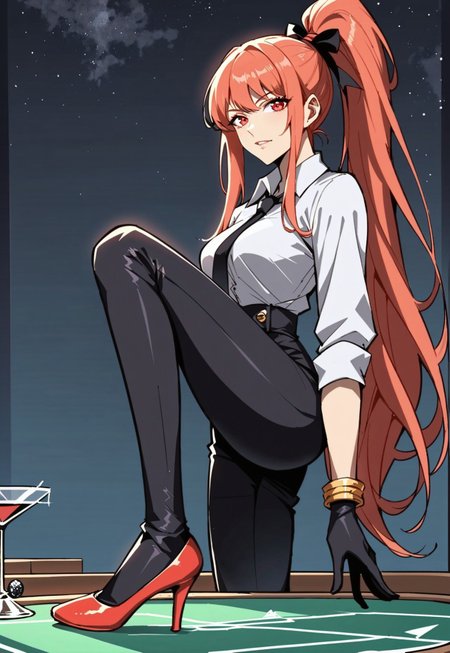 safe_pos, score_9, score_8_up, score_7_up, 1girl, night, indoor, in a casinò, dynamic shot, from high, long legs standing behing a poker table, green table, solo, dynamic pose, Feng Ling, orange hair, red eyes, medium breast, long hair, ponytail, black pants, white shirt, long sleves shirt, black gilet, black neck tie, red heels, gold slim bracelets, black gloves, looking at the viewer, long legs, nice legs, white hips ultra detailed, masterpiece, close up, upper body<lora:add-detail-xl:1>, <lora:StS_PonyXL_Detail_Slider_v1.4_iteration_3:4>