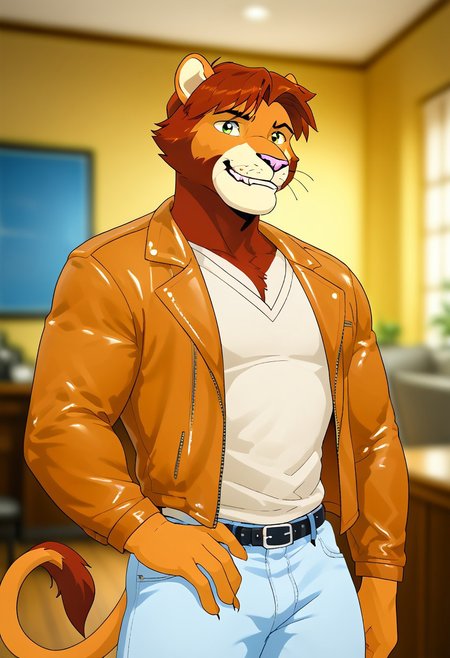 score_9, score_8_up, score_7_up, score_6_up, score_5_up, score_4_up, source_anime, source_furry, zPDXL3, furry_diffusion, <lora:TomSA_PXL-05:0.9>, tom, lion boy, lion tail, short hair, green eyes, brown fur, brown hair, solo, smirk, teeth, 1boy, looking at viewer, intricate details, masterpiece, unparalleled masterpiece, dutch angle, depth of field, cinematic lighting, great lighting, detailed background, indoors, inside, muscular male, bara, pectorals, large pectorals, white shirt, leather jacket, open jacket, open clothes, jeans, belt, tight pants, feet out of frame, close-up, posing, pose, upper body