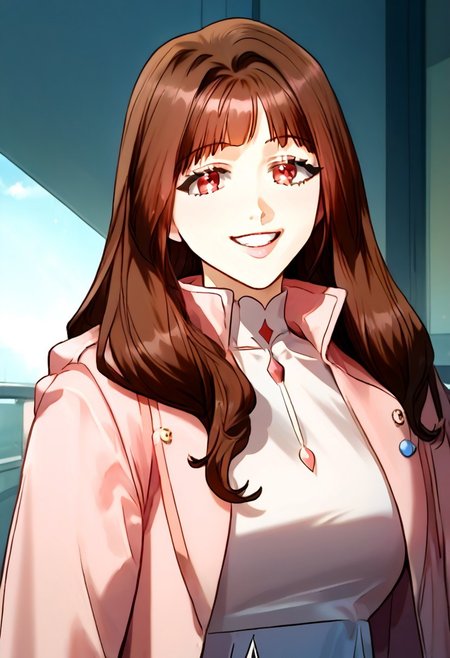 masterpiece, top quality, best quality, 1 girl, solo, long hair, brown hair, a pink jacket with a high collar, smile
