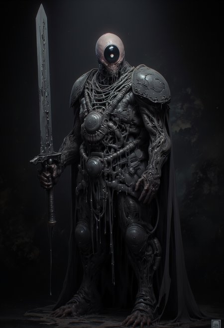 Dimly lit unsettling portrait of a hyperfuturistic fascist paladin with polygonal glass armor. Disgusting textures and a very large glass sword set the tone.