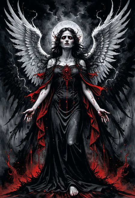 Horror-themed red and black Ink illustration,I stand amazed by the visionary genius of the artist,the exacting precision of every brush stroke making the canvas come alive with awe inspiring visuals,(illustration of a beautiful angel's final breath as she succumbs to death),angelic robes soaked in blood,the artist mourns the life of a fallen goddess,the death of virtuous saint to hands of evil,the eyes plead with the viewer to release them from their pain,(((intricate background of evil spirits in the shadows))),masterpiece . Eerie, unsettling, dark, spooky, suspenseful, grim, highly detailed