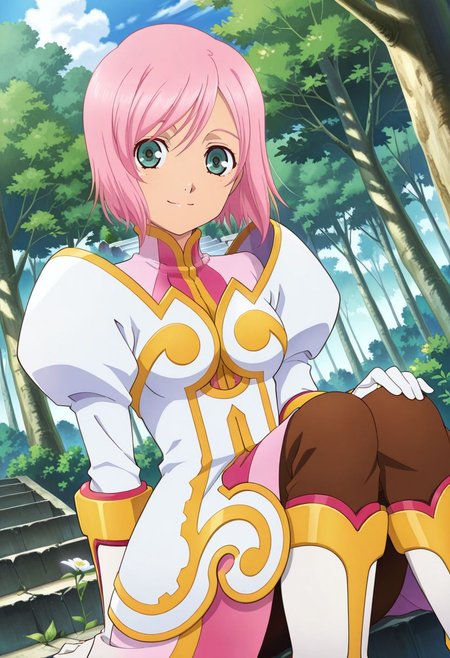 detailed eyes, beautiful, detailed background, perfect eyes,
source_anime, very aesthetic, anime coloring, masterpiece, official art,
<lora:HandFineTuning_XL:1>
BREAK,
forest, flowers, ruins, stairs
light smile, dynamic angle, sitting,
BREAK,
<lora:estelleX_illustriousXL_v01_1:0.95>
estellebase, estellise sidos heurassein, 
pink hair, short hair, green eyes, bangs, 
white dress, long sleeves, elbow gloves, white gloves, layered dress, pink dress, juliet sleeves, puffy sleeves, gloves, 
white boots, gold trim,