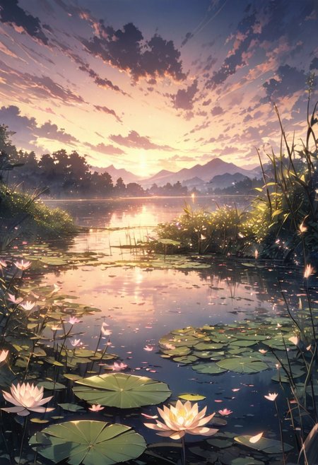 detailed background,( Calm spring night landscape), amongst lush greenery, beautiful view, Water lilies in full bloom, Water lilies, Unexplored, early morning, sunrise sky, beautiful clouds, dappled sunlight, beautiful, Tranquil Lake, Walkway, petals dancing in the wind, depth of field, masterpiece, best quality, ultra-detailed, very aesthetic, illustration, perfect composition, intricate details, absurdres, moody lighting, wisps of light, no humans,
