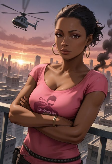 safe_pos, masterpiece, best quality,  BREAK, dynamic angle, 1girl, solo, rochellel4d2, black hair, dark skin, pink shirt, hoop earrings, belt, cleavage, arms crossed, looking at viewer, rooftop. city, buildings on fire, smoke,  helicopter, apocalypse, sunset, sunrays, detailed scenery