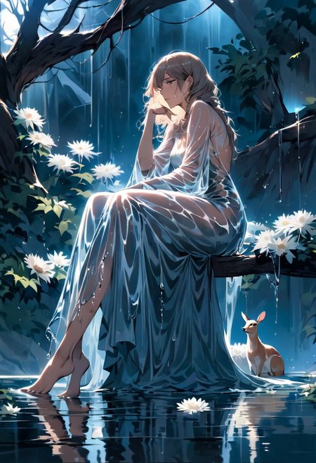 best quality, high resolution, 8k aesthetic, 
out of the sun rainstorm sunshine, 
A sea of ​​chrysanthemums. A girl wearing a blue lower body, beautiful eyes and stunning red lips. trees with white leaves rest in the background. the cloudy sky breaking to reveal the blue moon. rain is pouring across the landscape as heavy wind blows the white flowers that flood the ground. lightning strikes in the background directly  hyper realistic. Epic scene like a dream. Leaves are fluttering around the women. The flute letting out small musical notes that wrap around the female. The world is majestic with wildlife showing up to listen. Deer laying near by watching and listening to the female. As she stands on a river her dress made of beautifully detailed water. Bunnies rest by the river watching her. Beautiful masterpiece of art.. beautiful contrast of the light along the water which has an incredible reflection.tiptoeing. dress made of water on the female. high aspect ratio. beautiful composition. detailed textures.