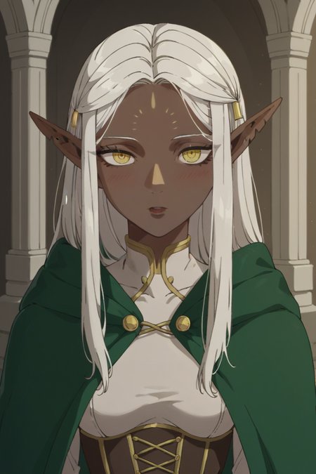 score_9, score_8_up, score_7_up, source_anime, 1girl, prefect lighting, very aesthetic, intricate details, highly detailed background, masterpiece, high quality, solo,
<lora:Cithis_V1.3-000007:.8>, dark elf, pointy ears, elf, forehead mark, grey skin, dark skin, dark-skinned female, yellow eyes, white hair, Cithis_V1.2, long hair, half-closed eyes, notched ear,
POV, front view, full body, white dress, gold corset, green cloak, gold trim dress, standing, 
Sunny, room, inside,
blush, expressionless, parted lips, looking at viewer, 
(Beautiful, medium Breasts:1.2), natural breasts,